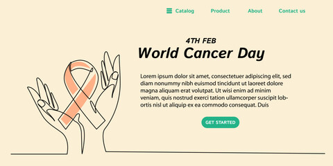 continuous line art or one line drawing of hand and ribbon for vector illustration landing page and banner, world cancer day