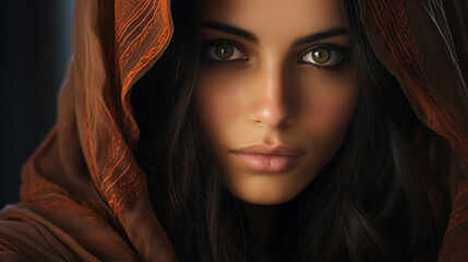 A captivating shot of a Persian woman, her eyes expressing a combination of mystery and sophistication.