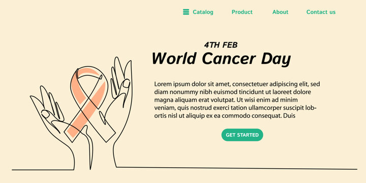 continuous line art or one line drawing of hand and ribbon for vector illustration landing page and banner, world cancer day