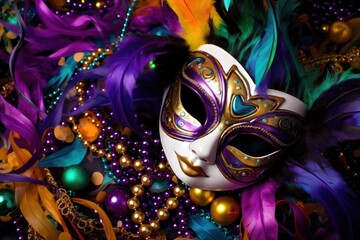 Vivid Mardi Gras background featuring masks, streamers, and lively colors,