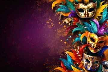 Vivid Mardi Gras background featuring masks, streamers, and lively colors, - obrazy, fototapety, plakaty