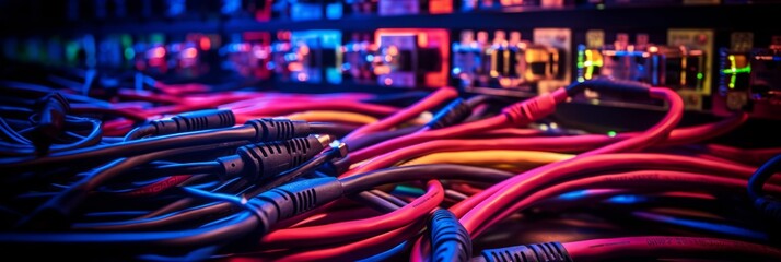 A tangled network of audio cables connected to the equipment