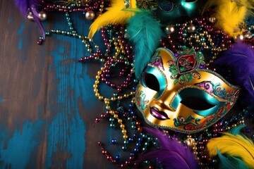 Fototapeta na wymiar Vivid Mardi Gras background featuring masks, streamers, and lively colors,