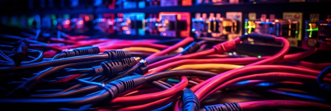 A tangled network of audio cables connected to the equipment