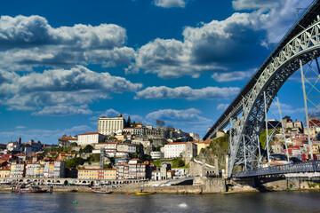 Beautiful view of Porto and Douro river in Portugal with picturesque houses and Dom Luis bridge