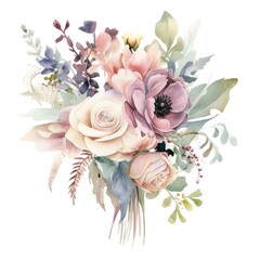 Isolated watercolor wedding bouquet, soft hues, an enchanting focal point