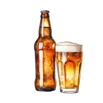 Beer bottle with glass isolated on white or transparent background