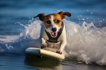 Adventurous Jack russell dog surfing. Travel holiday. Generate Ai