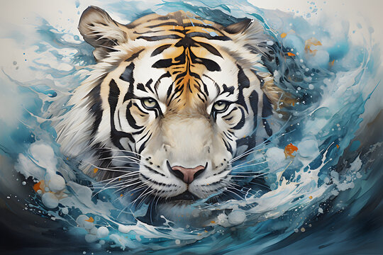 Watercolor painting of a tiger in water
