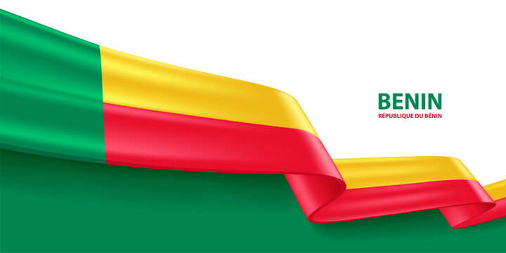 Benin 3D ribbon flag. Bent waving 3D flag in colors of the Benin national flag. National flag background design.
