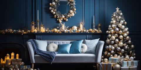 Stylishly decorated blue Christmas home with comfort, featuring a sofa, gift boxes, mirror balls, garland, and candle lamp.