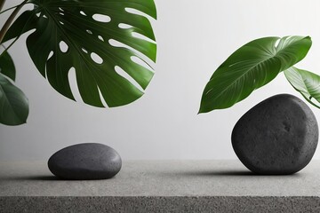 Obraz na płótnie Canvas Podium for product presentation. Stone and tropical leaves background with empty space.