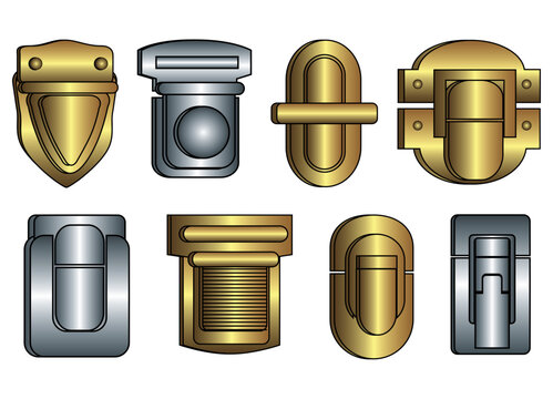 Bag Tuck lock closure and catch clasp buckles flat sketch vector illustration, set of leather  bag, purse and handbag lock, closures buckles cad drawing template