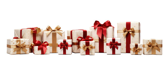 Collection of red and white gift boxes wrapped with red and gold ribbon bows isolated on white or transparent background