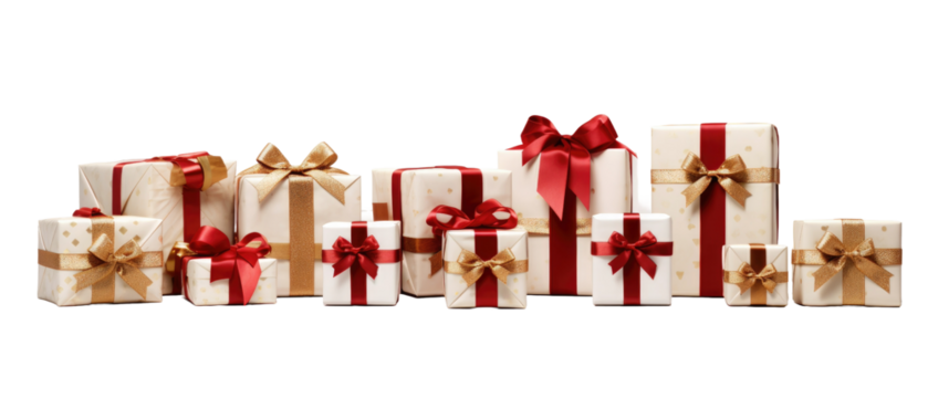 Collection of red and white gift boxes wrapped with red and gold ribbon bows isolated on white or transparent background