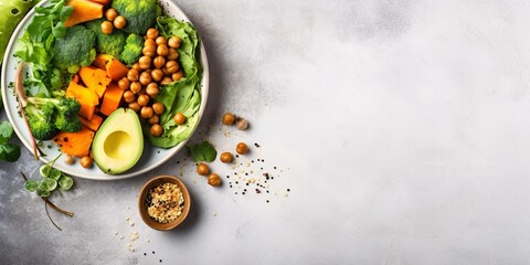 Nourishing plant-based meal with avocado, mushrooms, greens, legumes, and pumpkin. View from above. - obrazy, fototapety, plakaty