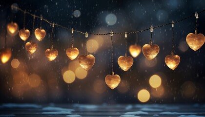 Bright Glowing vintage heart Light bulbs Suspended in the Frosty Winter night Evening

 - obrazy, fototapety, plakaty