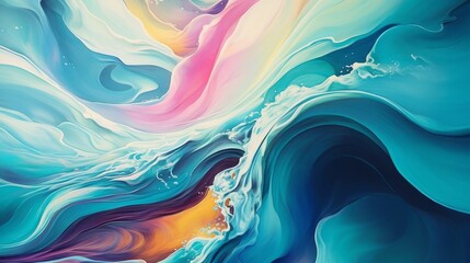 Illustration of sea waves during sunset. Abstract sea art in turquoise and warm and cold colors.