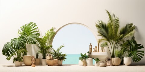 Tropical display with white podiums, showcasing cosmetics, goods, and accessories.