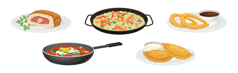 Spanish Dish and Food of Mediterranean Cuisine Vector Set