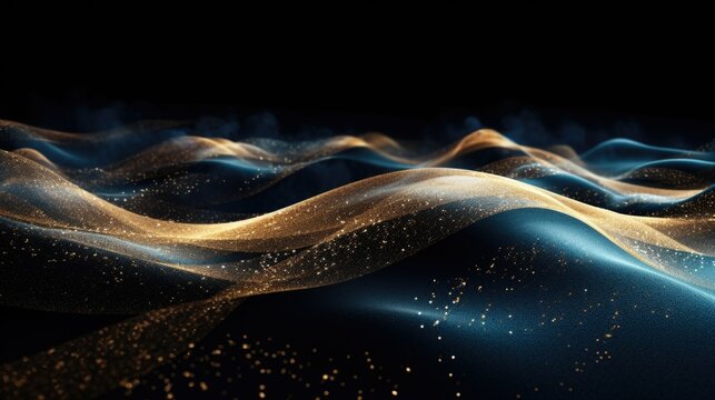 Abstract image depicting waves of blue silk fabric interspersed with a cascade of golden particles, creating a sense of luxurious fluid motion.