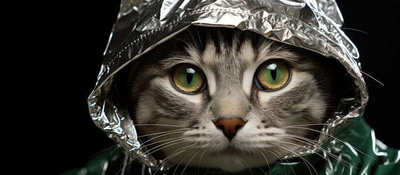 Tin foil hat-wearing cat with green eyes.