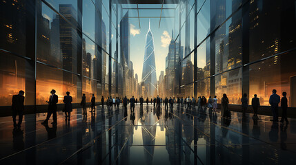 Fototapeta na wymiar City view with silhouettes of people Corporate Landscape Concept