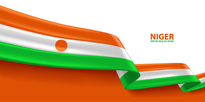 Niger 3D ribbon flag. Bent waving 3D flag in colors of the Niger national flag. National flag background design.
