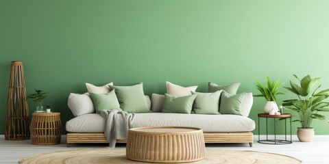 Stylish living room design with modern sofa, pillows, side table, rattan commode, and unique accessories. Green wall, template, empty space.