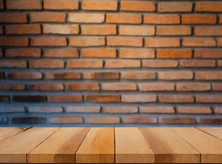 Empty wooden shelf/table with brick wall background, with space for display product. Copy space for...