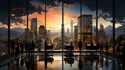 Foto op Canvas Sunset in the city with silhouettes of people Corporate Landscape Concept © Umut