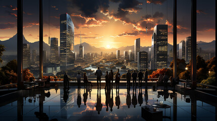 Fototapeta premium Sunset in the city with silhouettes of people Corporate Landscape Concept