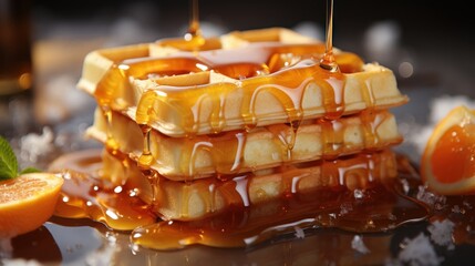  a stack of waffles sitting on top of a table covered in syrup next to slices of oranges.