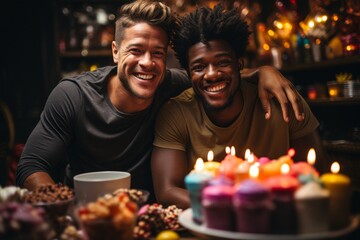 Capturing a moment of pure joy, this photograph features a gay couple of mixed ethnicities with radiant smiles, celebrating a birthday. Generative AI