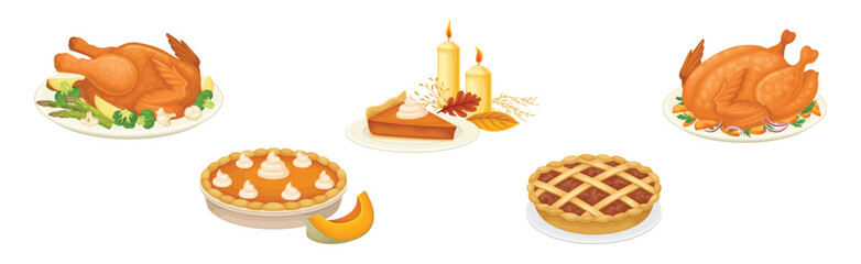 Thanksgiving Day Symbol and Festive Food Vector Set