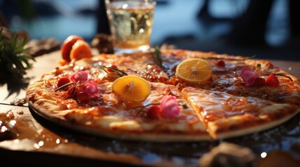  a close up of a pizza on a table with a glass of water and a lemon slice on top of it.