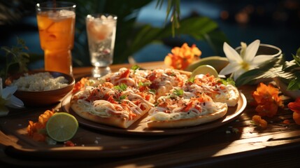  a pizza sitting on top of a wooden table next to a bowl of rice and a glass of orange juice.
