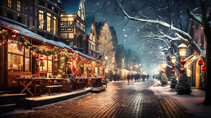 Beautiful European street view  during Christmas time, decorated with lights, christmas trees and...