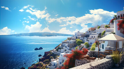Beautiful iconic landscape of Greece cost with white houses on mountain and blue sea water at sunny...