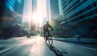 Tuinposter People cycling in City. Commuting, healthy life style, eco friendly transport. Multiple exposure, motion blur image © IRStone