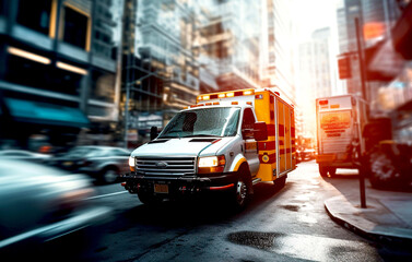 Fototapeta na wymiar Ambulance car on city road, motion blur image with focus on automobile