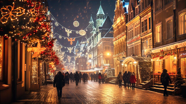 Fototapeta Beautiful European street view  during Christmas time, decorated with lights, christmas trees and lights reflections
