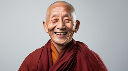 Portrait of tibetan monk with kind face, friendly smiling to camera  - obrazy, fototapety, plakaty