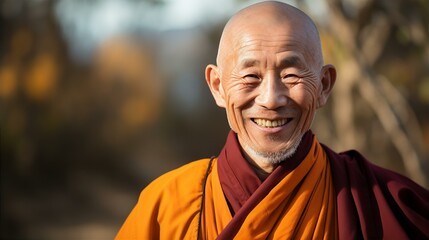 Portrait of tibetan monk with kind face, friendly smiling to camera 