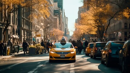 Yellow taxi car in the city - obrazy, fototapety, plakaty