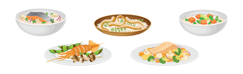Tasty Seafood Dish and Served Meal Vector Set
