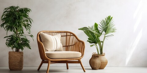 Fototapeta na wymiar Retro-style room with chic armchair, potted plant, rattan table, and decorative items.