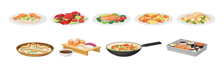 Tasty Seafood Dish and Served Meal Vector Set