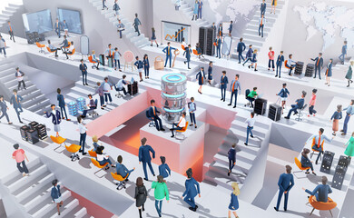 Office workers working together around big quantum computer, listening presentation, sharing ideas, running up and down stairs in an abstract business environment with lots of stairs. 3D rendering