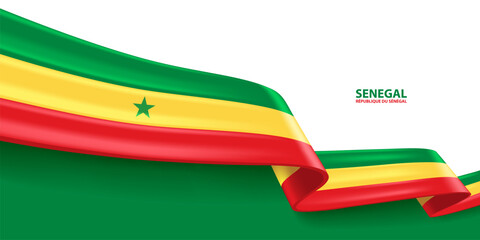 Senegal 3D ribbon flag. Bent waving 3D flag in colors of the Senegal national flag. National flag background design. - obrazy, fototapety, plakaty